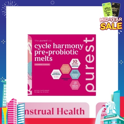 THE PUREST CO Cycle Harmony Pre+Probiotic Melts Rasberry Dietary Supplement Sachet (For Menstrual Health Balance & PMS Symptoms) 30s