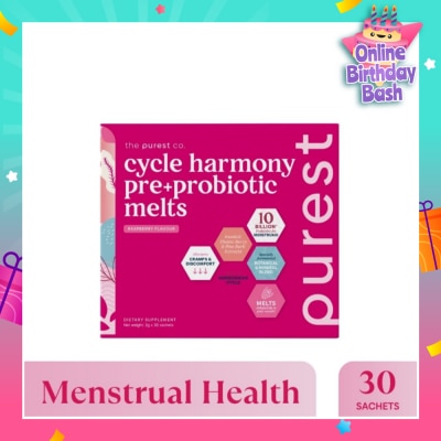 THE PUREST CO Cycle Harmony Pre+Probiotic Melts Rasberry Dietary Supplement Sachet (For Menstrual Health Balance & PMS Symptoms) 30s