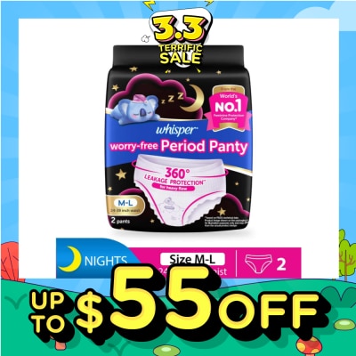 WHISPER Koala Night Worry-Free Period Panty M-L (24-39inch Waist, For Heavy Flow) 2s