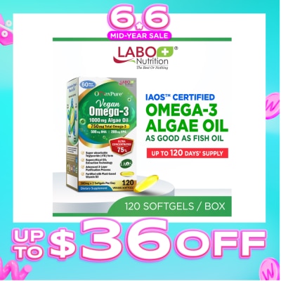 LABO NUTRITION - OmaxPure Vegan Omega-3 1000mg Algae Oil Dietary Supplement Veggie Softgel (For Heart, Brain, Eye, & Joint Health) 120s