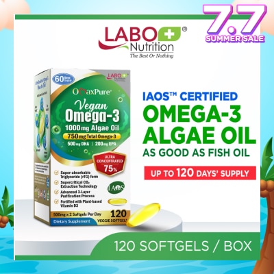 LABO NUTRITION OmaxPure Vegan Omega-3 1000mg Algae Oil Dietary Supplement Veggie Softgel (For Heart, Brain, Eye, & Joint Health) 120s