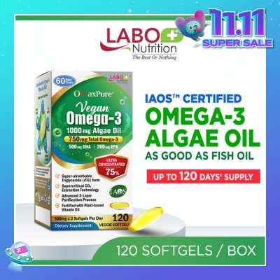 LABO NUTRITION OmaxPure Vegan Omega-3 1000mg Algae Oil Dietary Supplement Veggie Softgel (For Heart, Brain, Eye, & Joint Health) 120s