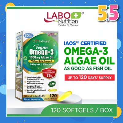 LABO NUTRITION OmaxPure Vegan Omega-3 1000mg Algae Oil Dietary Supplement Veggie Softgel (For Heart, Brain, Eye, & Joint Health) 120s