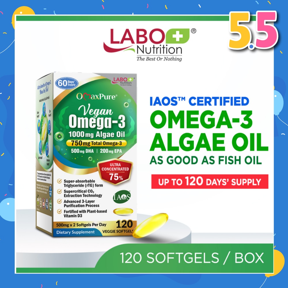 OmaxPure Vegan Omega-3 1000mg Algae Oil Dietary Supplement Veggie Softgel (For Heart, Brain, Eye, & Joint Health) 120s