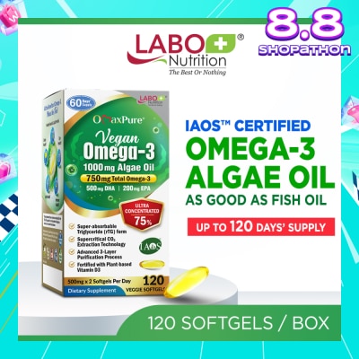 LABO NUTRITION OmaxPure Vegan Omega-3 1000mg Algae Oil Dietary Supplement Veggie Softgel (For Heart, Brain, Eye, & Joint Health) 120s