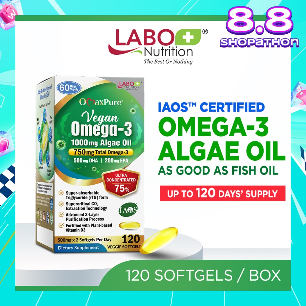 OmaxPure Vegan Omega-3 1000mg Algae Oil Dietary Supplement Veggie Softgel (For Heart, Brain, Eye, & Joint Health) 120s
