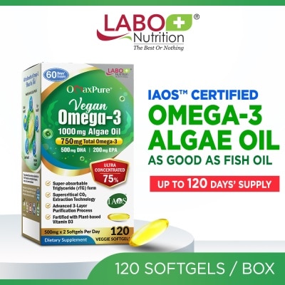 LABO NUTRITION OmaxPure Vegan Omega-3 1000mg Algae Oil Dietary Supplement Veggie Softgel (For Heart, Brain, Eye, & Joint Health) 120s