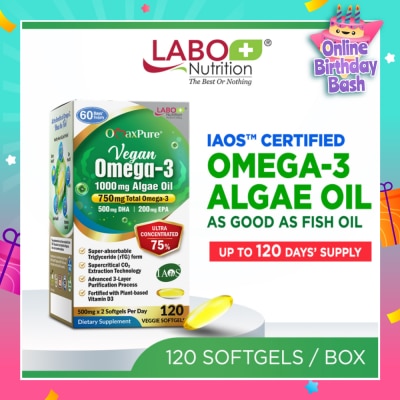 LABO NUTRITION OmaxPure Vegan Omega-3 1000mg Algae Oil Dietary Supplement Veggie Softgel (For Heart, Brain, Eye, & Joint Health) 120s