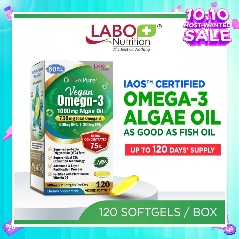OmaxPure Vegan Omega-3 1000mg Algae Oil Dietary Supplement Veggie Softgel (For Heart, Brain, Eye, & Joint Health) 120s