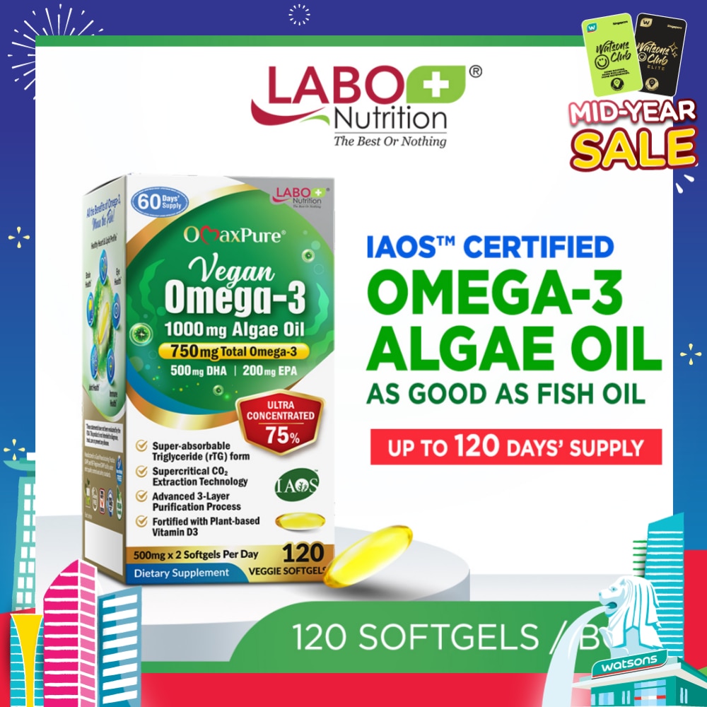 OmaxPure Vegan Omega-3 1000mg Algae Oil Dietary Supplement Veggie Softgel (For Heart, Brain, Eye, & Joint Health) 120s
