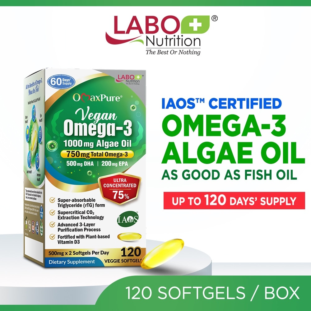 OmaxPure Vegan Omega-3 1000mg Algae Oil Dietary Supplement Veggie Softgel (For Heart, Brain, Eye, & Joint Health) 120s