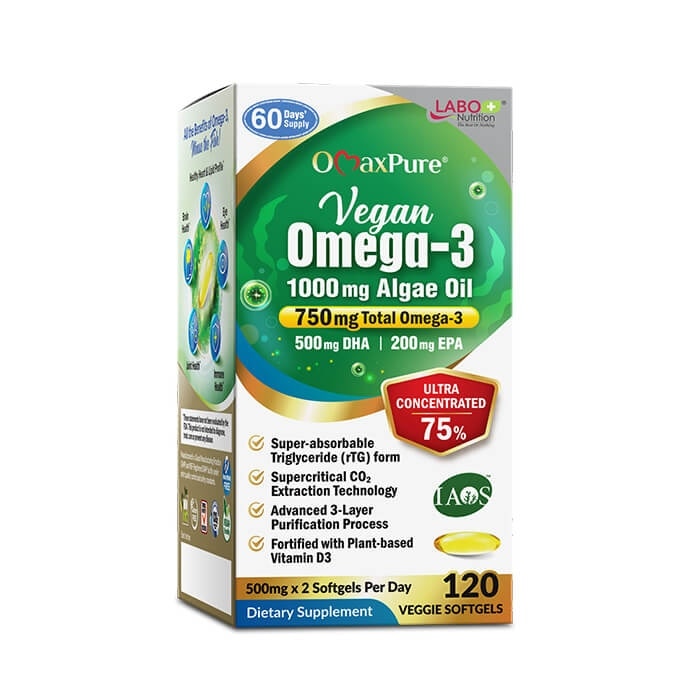 OmaxPure Vegan Omega-3 1000mg Algae Oil Dietary Supplement Veggie Softgel (For Heart, Brain, Eye, & Joint Health) 120s