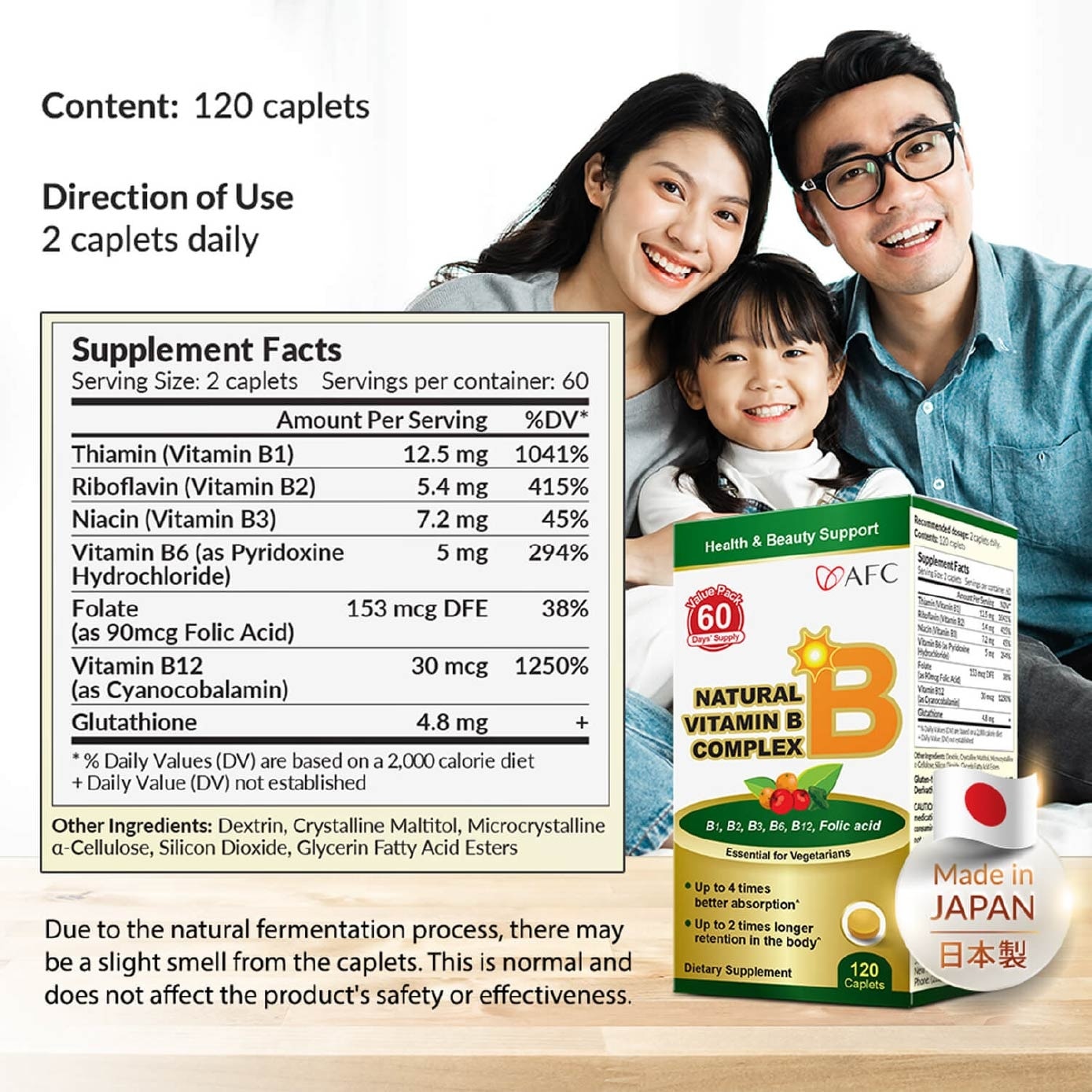 Natural Vitamin B Complex caplets (Boost Energy, Relieves Fatigue, Healthy Hair, Skin & Nails) 120s