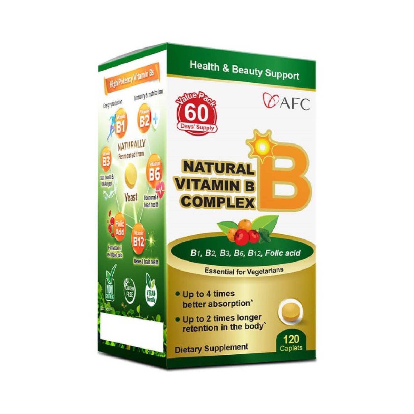 Natural Vitamin B Complex caplets (Boost Energy, Relieves Fatigue, Healthy Hair, Skin & Nails) 120s