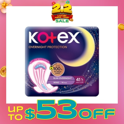 KOTEX Soft & Smooth 360° Protection Slim Overnight Sanitary Pad Wing 41cm (For Heavy Flow) 14s