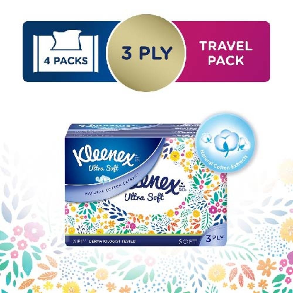 Kleenex Ultra Soft 3 Ply Facial Tissues Soft Pack 50 sheets x 4 packs (Floral)