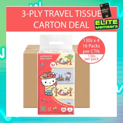 WATSONS Hello Kitty Velvety Soft Travel Tissues 3 Ply 130s x 4 Packs x 16s (Carton)