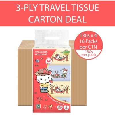 WATSONS Hello Kitty Velvety Soft Travel Tissues 3 Ply 130s x 4 Packs x 16s (Carton)
