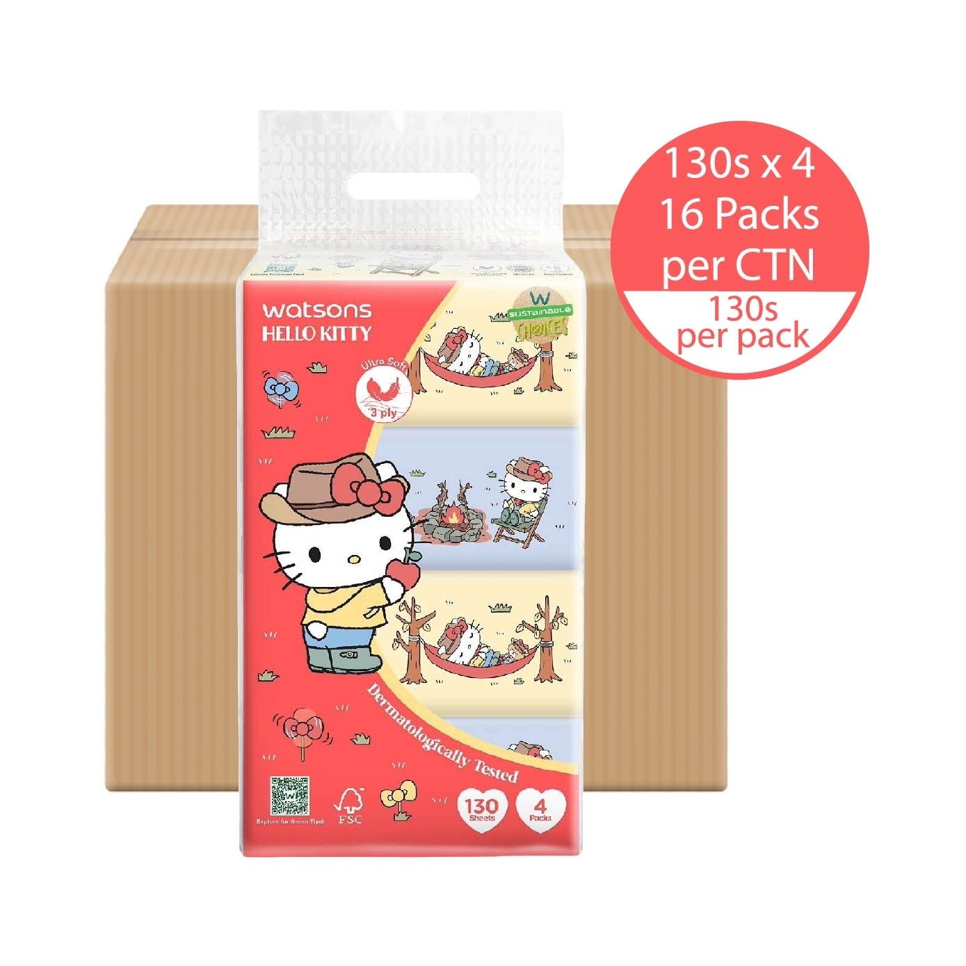 Hello Kitty Velvety Soft Travel Tissues 3 Ply 130s x 4 Packs x 16s (Carton)