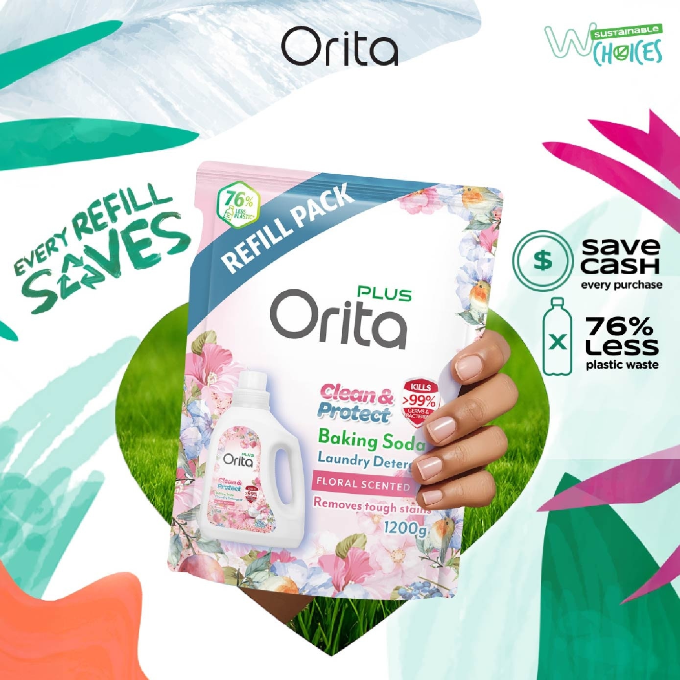 Baking Soda Antibacterial Laundry Detergent Floral Scented Refill Pack 1200g