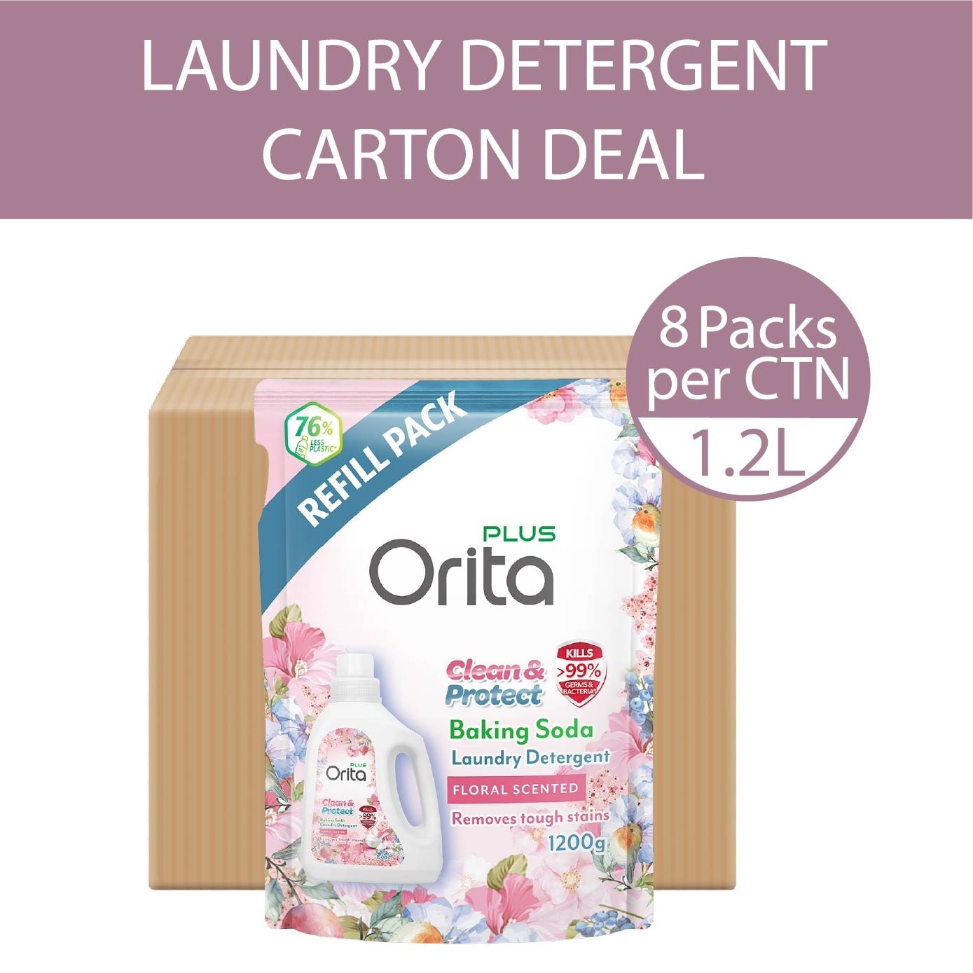 Baking Soda Antibacterial Laundry Detergent Floral Scented Refill Pack 1200g x 8s (Carton)