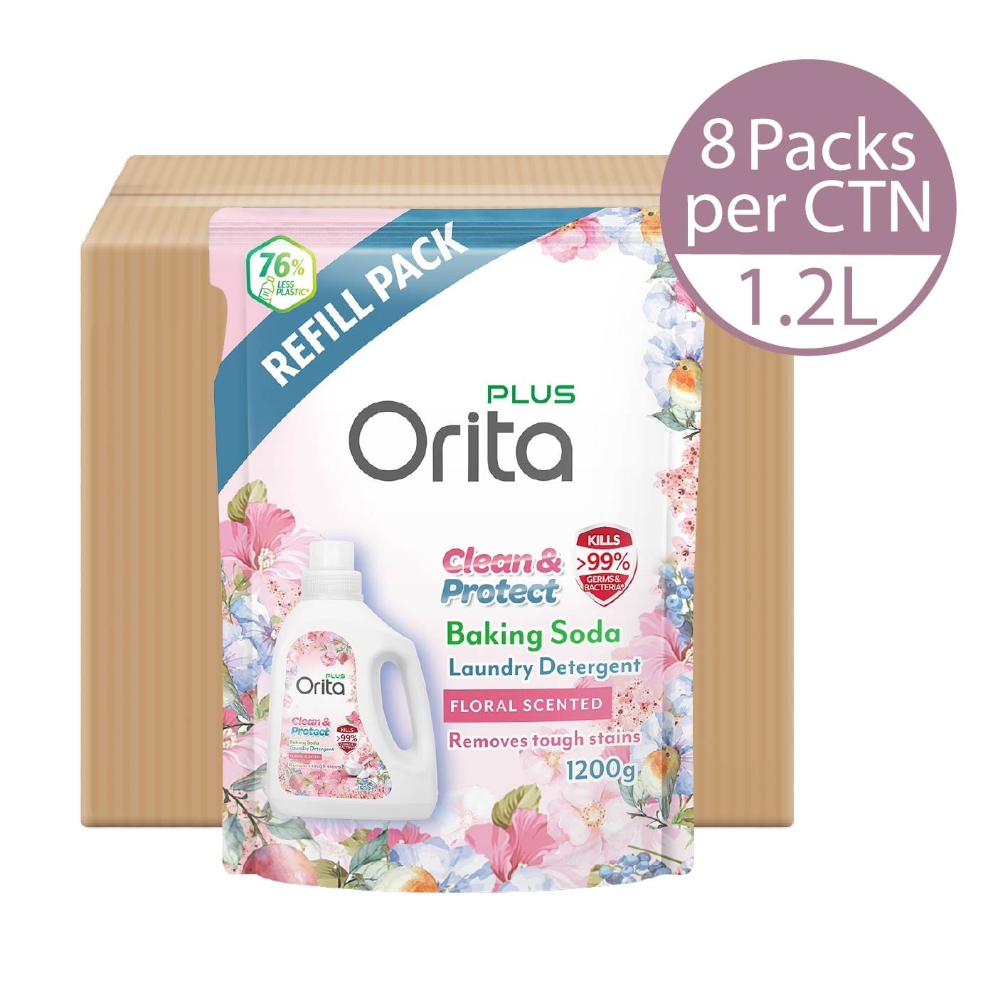 Baking Soda Antibacterial Laundry Detergent Floral Scented Refill Pack 1200g x 8s (Carton)