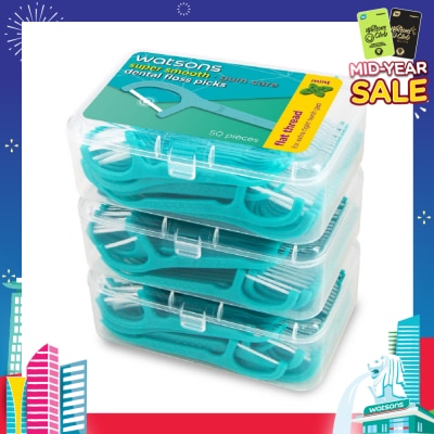 WATSONS Super Smooth Mint Dental Floss Picks (Flat Thread + Single Line) 50s x 3 Boxes