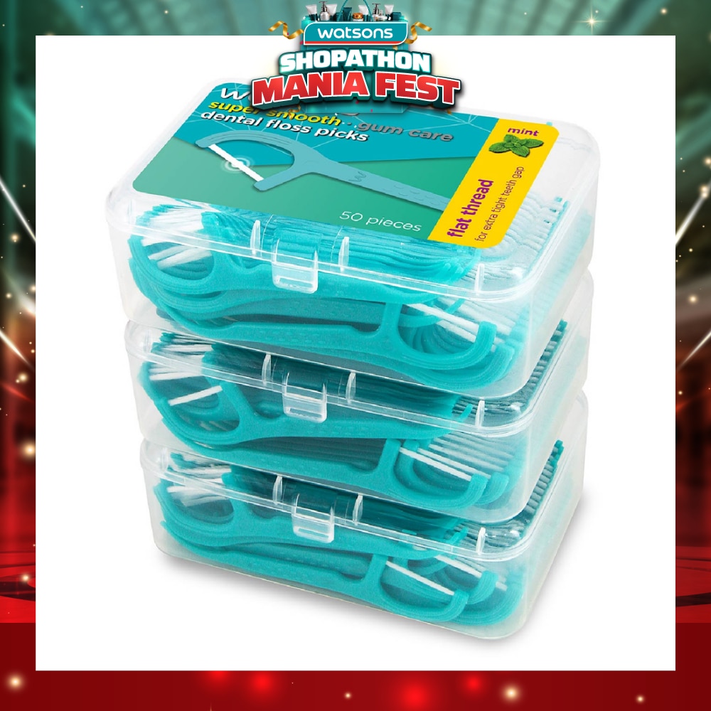 Super Smooth Mint Dental Floss Picks (Flat Thread + Single Line) 50s x 3 Boxes