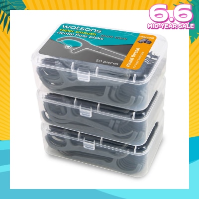 WATSONS Super Smooth Charcoal Dental Floss Picks (Round Thread + Single Line) 50s x 3 Boxes
