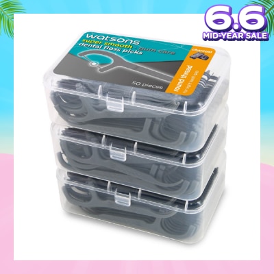 WATSONS Super Smooth Charcoal Dental Floss Picks (Round Thread + Single Line) 50s x 3 Boxes