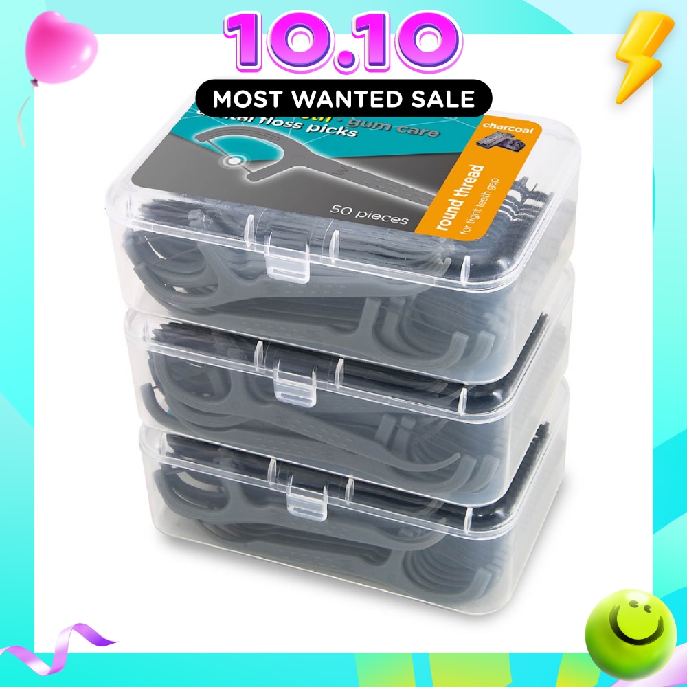 Super Smooth Charcoal Dental Floss Picks (Round Thread + Single Line) 50s x 3 Boxes image