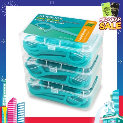 WATSONS Super Smooth Mint Dental Floss Picks (Round Thread + Single Line) 50s x 3 Boxes