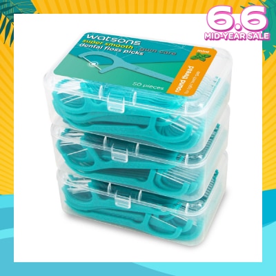 WATSONS Super Smooth Mint Dental Floss Picks (Round Thread + Single Line) 50s x 3 Boxes