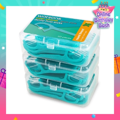 WATSONS Super Smooth Mint Dental Floss Picks (Round Thread + Single Line) 50s x 3 Boxes