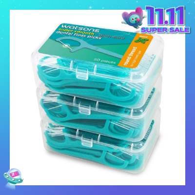 WATSONS Super Smooth Mint Dental Floss Picks (Round Thread + Single Line) 50s x 3 Boxes