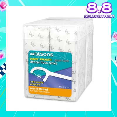 WATSONS Super Smooth Dental Floss Picks Individually Wrapped (Round Thread + Single Line) 50s x 2 Boxes