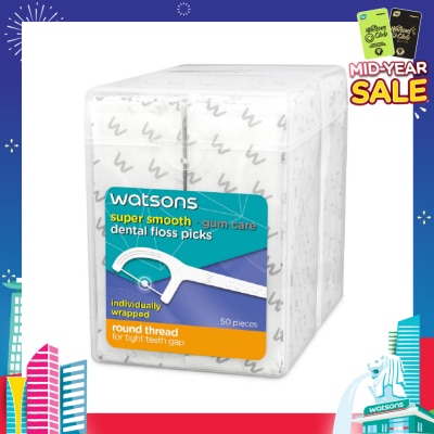WATSONS Super Smooth Dental Floss Picks Individually Wrapped (Round Thread + Single Line) 50s x 2 Boxes