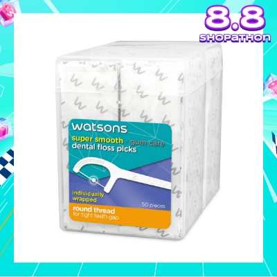 WATSONS Super Smooth Dental Floss Picks Individually Wrapped (Round Thread + Single Line) 50s x 2 Boxes