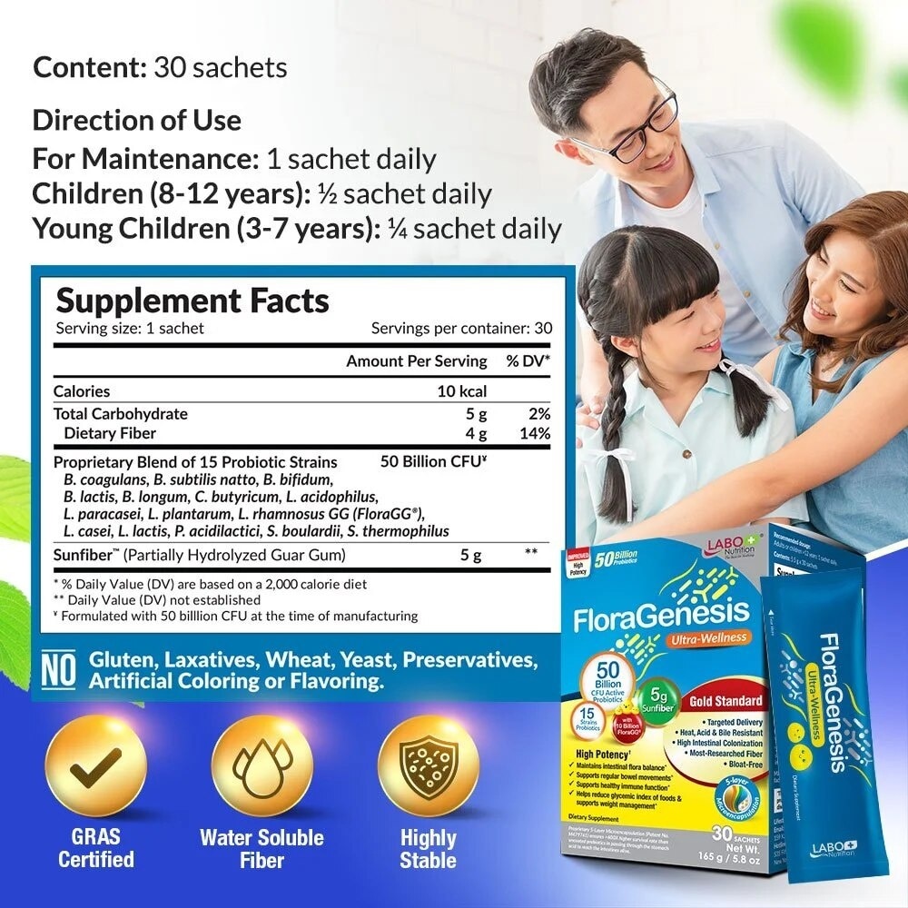 Floragenesis Ultra Wellness Dietary Supplement Sachet (Suitable for Women & Men, For Gut And Digestive Health, Intestinal Flora Balance And Healthy Immune Function) 30s