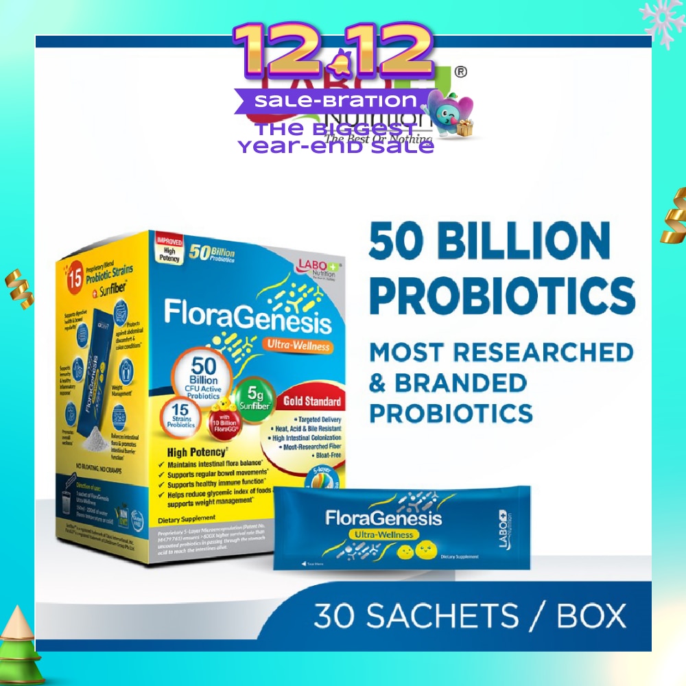 Floragenesis Ultra Wellness Dietary Supplement Sachet (Suitable for Women & Men, For Gut And Digestive Health, Intestinal Flora Balance And Healthy Immune Function) 30s