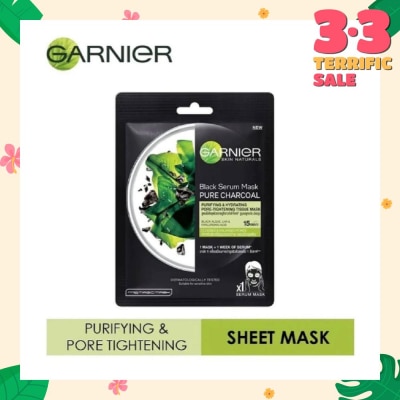 GARNIER Black Serum Pure Charcoal Purifying and Hydrating Black Algae Pore Tightening Tissue Mask 1s