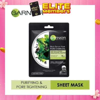 GARNIER Black Serum Pure Charcoal Purifying and Hydrating Black Algae Pore Tightening Tissue Mask 1s