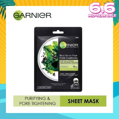 GARNIER Black Serum Pure Charcoal Purifying and Hydrating Black Algae Pore Tightening Tissue Mask 1s