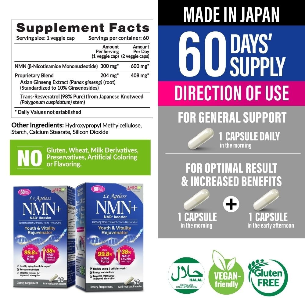 Le Ageless NMN+ NAD+ Support with Resveratrol Ginseng Supplement Capsule (Healthy Aging, Energy, Vitality, Metabolism, Antioxidant Support) 60s