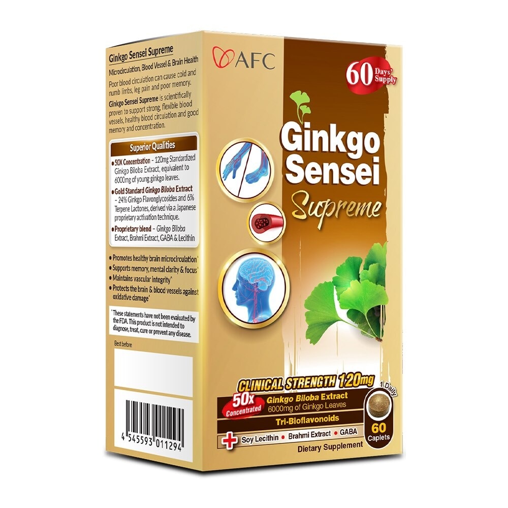 JAPAN Ginkgo Sensei Supreme Dietary Supplement caplets (Ginkgo Biloba Extract for Brain, Focus, Memory, Blood Circulation, Cold Hands & Feet, Body Stiffness) 60s