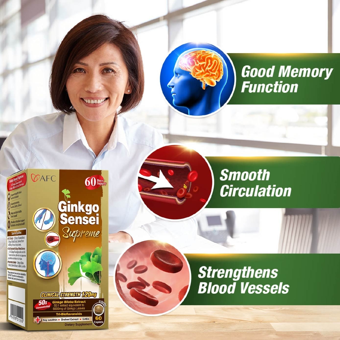 Ginkgo Sensei Supreme Ginkgo Biloba caplets (Brain, Focus, Memory, Blood Circulation Support) 60s