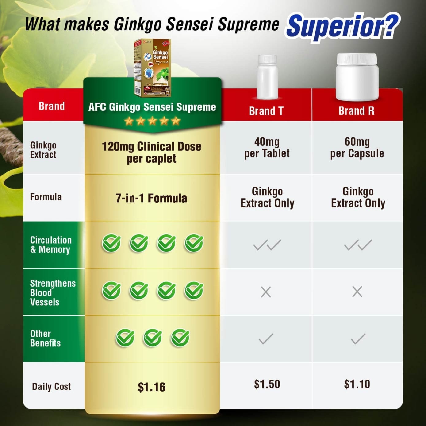 Ginkgo Sensei Supreme Ginkgo Biloba caplets (Brain, Focus, Memory, Blood Circulation Support) 60s