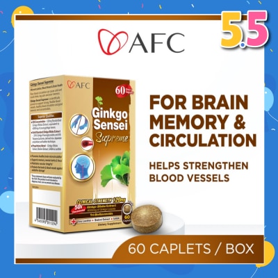 AFC JAPAN Ginkgo Sensei Supreme Dietary Supplement caplets (Ginkgo Biloba Extract for Brain, Focus, Memory, Blood Circulation, Cold Hands & Feet, Body Stiffness) 60s