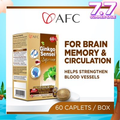 AFC JAPAN Ginkgo Sensei Supreme Dietary Supplement caplets (Ginkgo Biloba Extract for Brain, Focus, Memory, Blood Circulation, Cold Hands & Feet, Body Stiffness) 60s