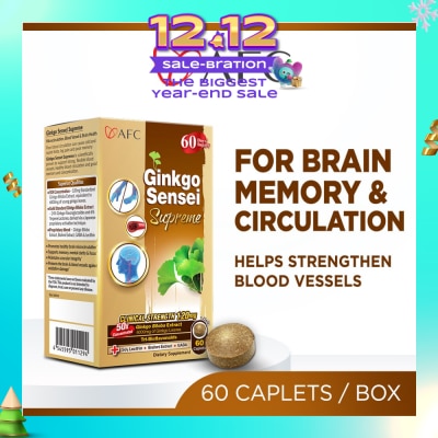 AFC JAPAN Ginkgo Sensei Supreme Dietary Supplement caplets (Ginkgo Biloba Extract for Brain, Focus, Memory, Blood Circulation, Cold Hands & Feet, Body Stiffness) 60s